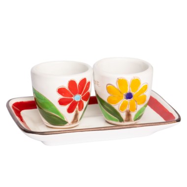 Handmade Sicilian Ceramic Coffee Cups with Tray Set Daisy Folk De Simone Pottery Handmade Sicilian Ceramic Coffee Cups with Tray Set Daisy Folk De Simone Pottery